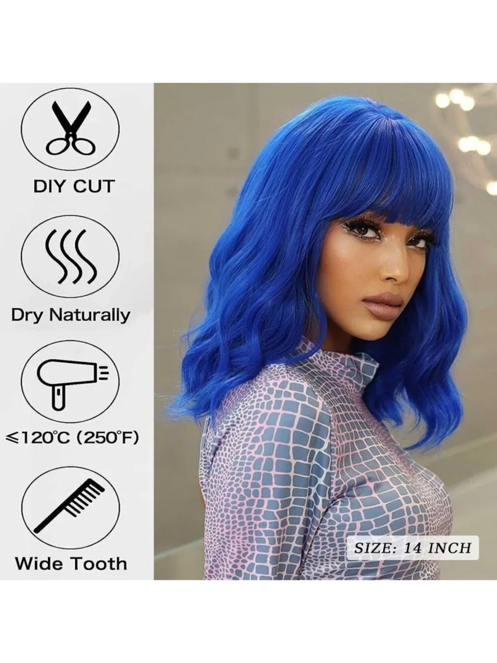Women's Blue 14 Inch Heat Resistant Short Bangs Bob Modern Wavy Wigs